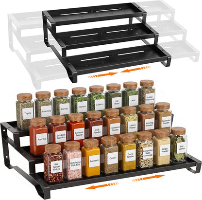 3-Tier Spice Rack Organizer, 13"-21.5" Expandable Spice Organization Shelf, Metal Seasoning Organizer for Kitchen Countertop or Pantry, Slip-Resistant Design for Jars and Bottles, Black