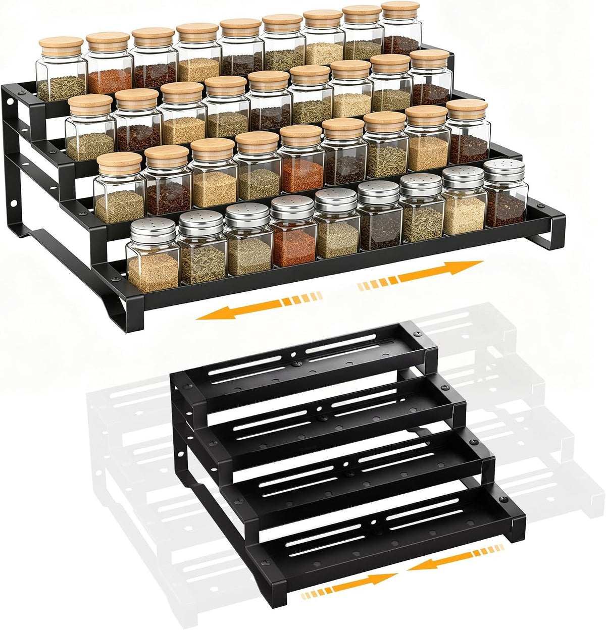 3-Tier Spice Rack Organizer, 13"-21.5" Expandable Spice Organization Shelf, Metal Seasoning Organizer for Kitchen Countertop or Pantry, Slip-Resistant Design for Jars and Bottles, Black