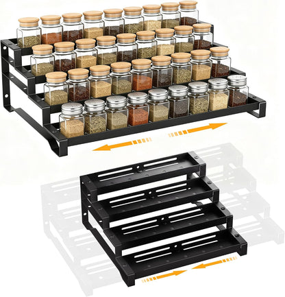 3-Tier Spice Rack Organizer, 13"-21.5" Expandable Spice Organization Shelf, Metal Seasoning Organizer for Kitchen Countertop or Pantry, Slip-Resistant Design for Jars and Bottles, Black