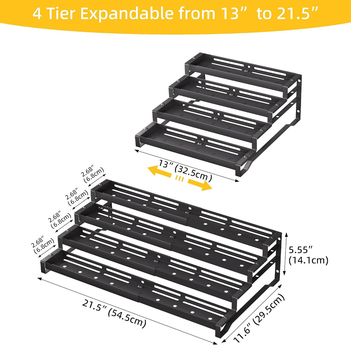 3-Tier Spice Rack Organizer, 13"-21.5" Expandable Spice Organization Shelf, Metal Seasoning Organizer for Kitchen Countertop or Pantry, Slip-Resistant Design for Jars and Bottles, Black
