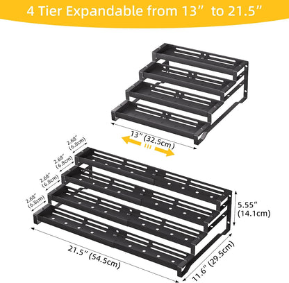 3-Tier Spice Rack Organizer, 13"-21.5" Expandable Spice Organization Shelf, Metal Seasoning Organizer for Kitchen Countertop or Pantry, Slip-Resistant Design for Jars and Bottles, Black