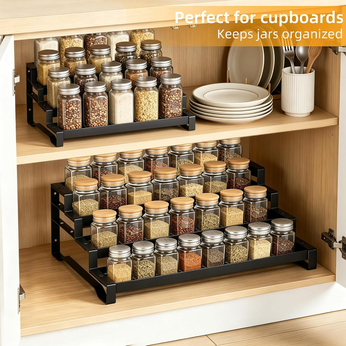 3-Tier Spice Rack Organizer, 13"-21.5" Expandable Spice Organization Shelf, Metal Seasoning Organizer for Kitchen Countertop or Pantry, Slip-Resistant Design for Jars and Bottles, Black