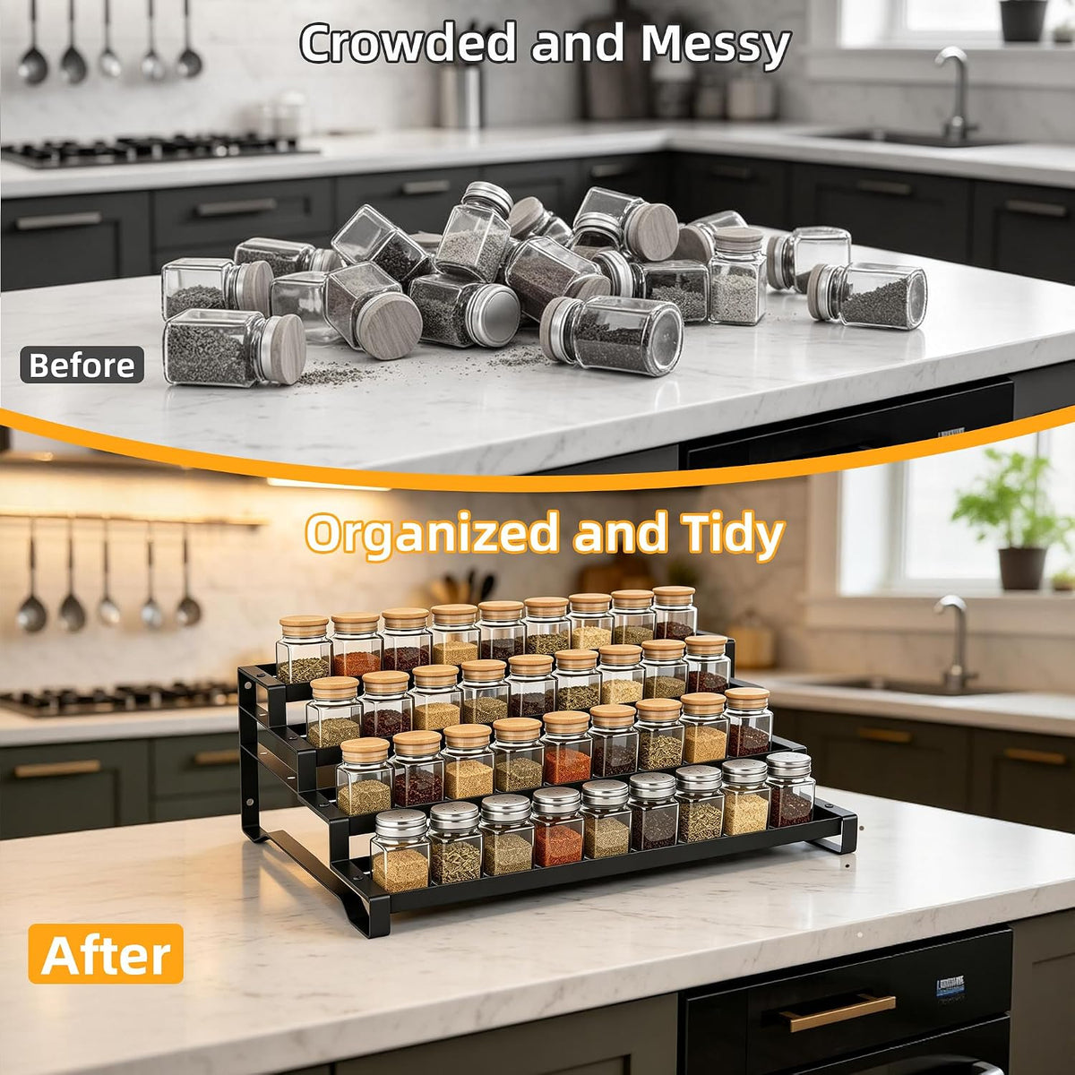 3-Tier Spice Rack Organizer, 13"-21.5" Expandable Spice Organization Shelf, Metal Seasoning Organizer for Kitchen Countertop or Pantry, Slip-Resistant Design for Jars and Bottles, Black