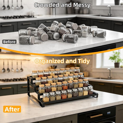 3-Tier Spice Rack Organizer, 13"-21.5" Expandable Spice Organization Shelf, Metal Seasoning Organizer for Kitchen Countertop or Pantry, Slip-Resistant Design for Jars and Bottles, Black