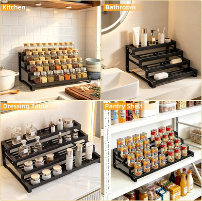 3-Tier Spice Rack Organizer, 13"-21.5" Expandable Spice Organization Shelf, Metal Seasoning Organizer for Kitchen Countertop or Pantry, Slip-Resistant Design for Jars and Bottles, Black