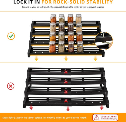 3-Tier Spice Rack Organizer, 13"-21.5" Expandable Spice Organization Shelf, Metal Seasoning Organizer for Kitchen Countertop or Pantry, Slip-Resistant Design for Jars and Bottles, Black