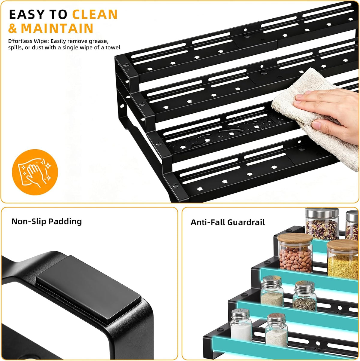 3-Tier Spice Rack Organizer, 13"-21.5" Expandable Spice Organization Shelf, Metal Seasoning Organizer for Kitchen Countertop or Pantry, Slip-Resistant Design for Jars and Bottles, Black