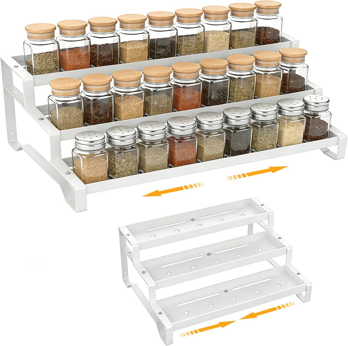 3-Tier Spice Rack Organizer, 13"-21.5" Expandable Spice Organization Shelf, Metal Seasoning Organizer for Kitchen Countertop or Pantry, Slip-Resistant Design for Jars and Bottles, Black