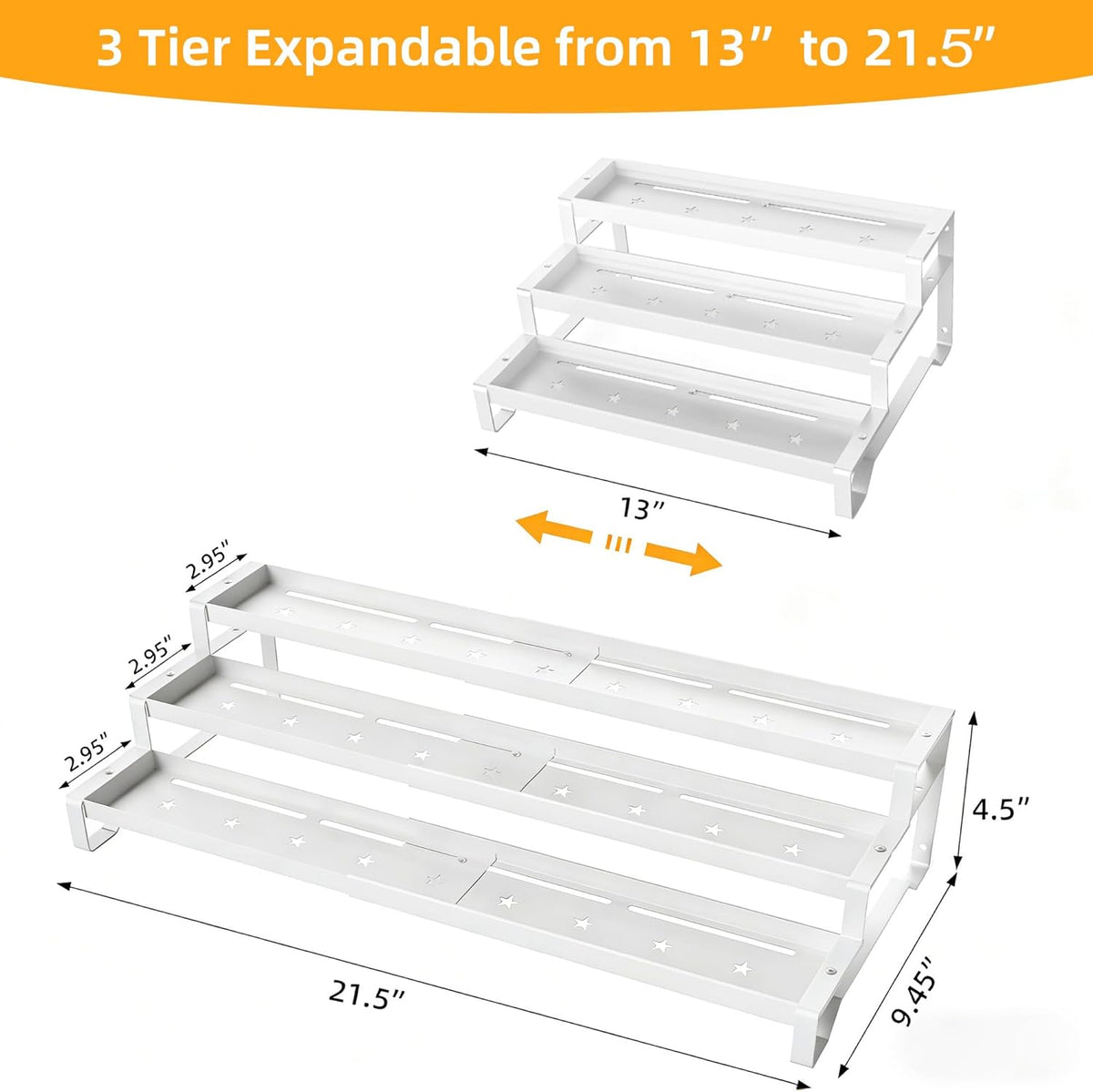 3-Tier Spice Rack Organizer, 13"-21.5" Expandable Spice Organization Shelf, Metal Seasoning Organizer for Kitchen Countertop or Pantry, Slip-Resistant Design for Jars and Bottles, Black