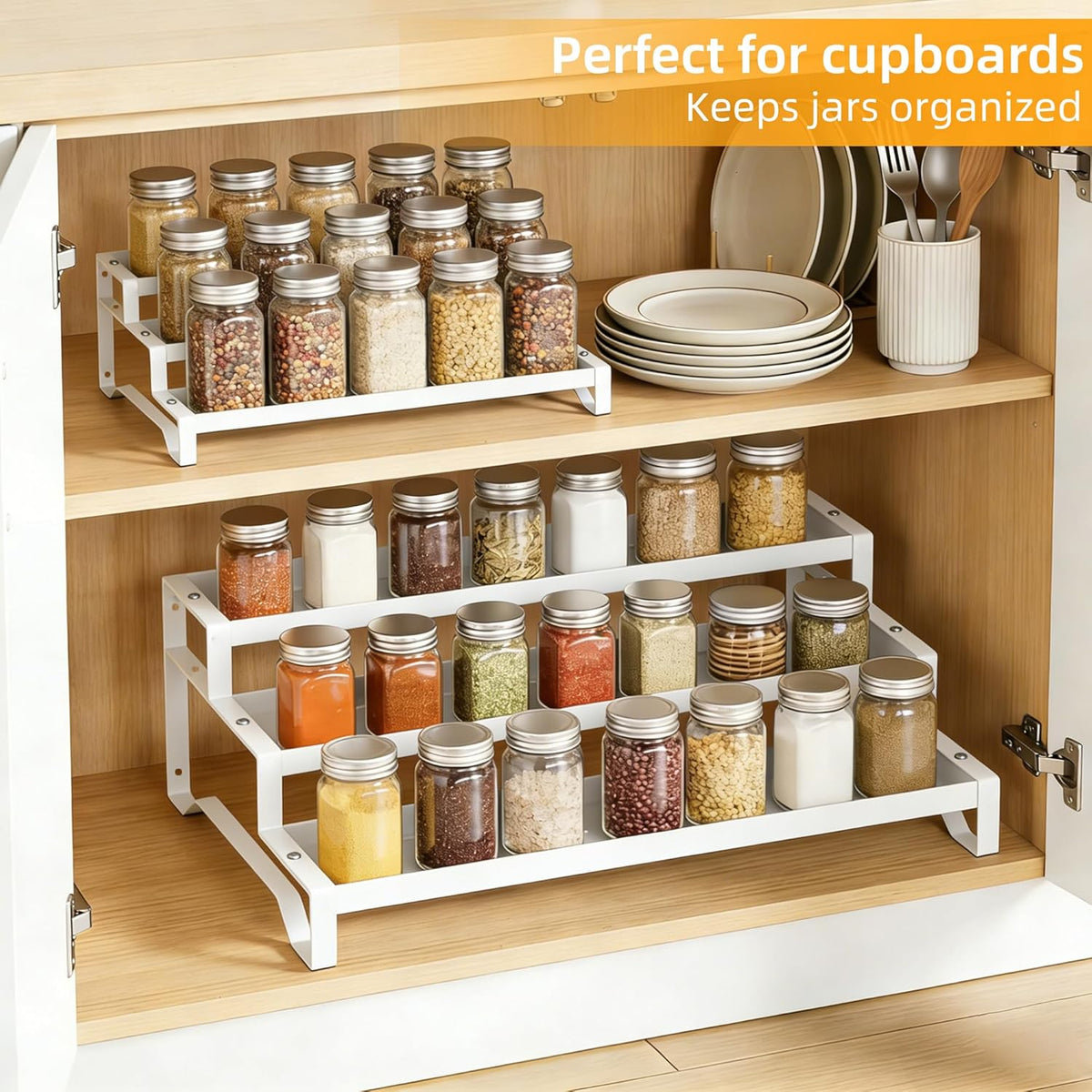 3-Tier Spice Rack Organizer, 13"-21.5" Expandable Spice Organization Shelf, Metal Seasoning Organizer for Kitchen Countertop or Pantry, Slip-Resistant Design for Jars and Bottles, Black