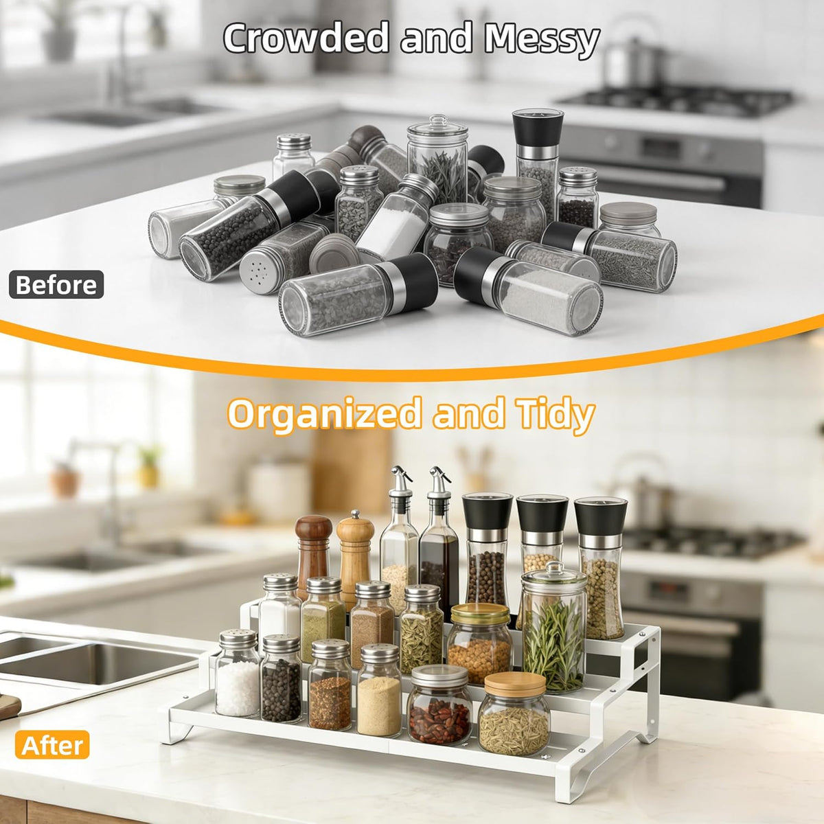 3-Tier Spice Rack Organizer, 13"-21.5" Expandable Spice Organization Shelf, Metal Seasoning Organizer for Kitchen Countertop or Pantry, Slip-Resistant Design for Jars and Bottles, Black