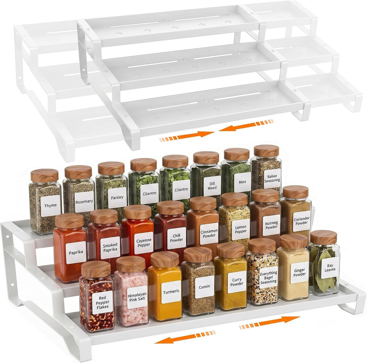 3-Tier Spice Rack Organizer, 13"-21.5" Expandable Spice Organization Shelf, Metal Seasoning Organizer for Kitchen Countertop or Pantry, Slip-Resistant Design for Jars and Bottles, Black