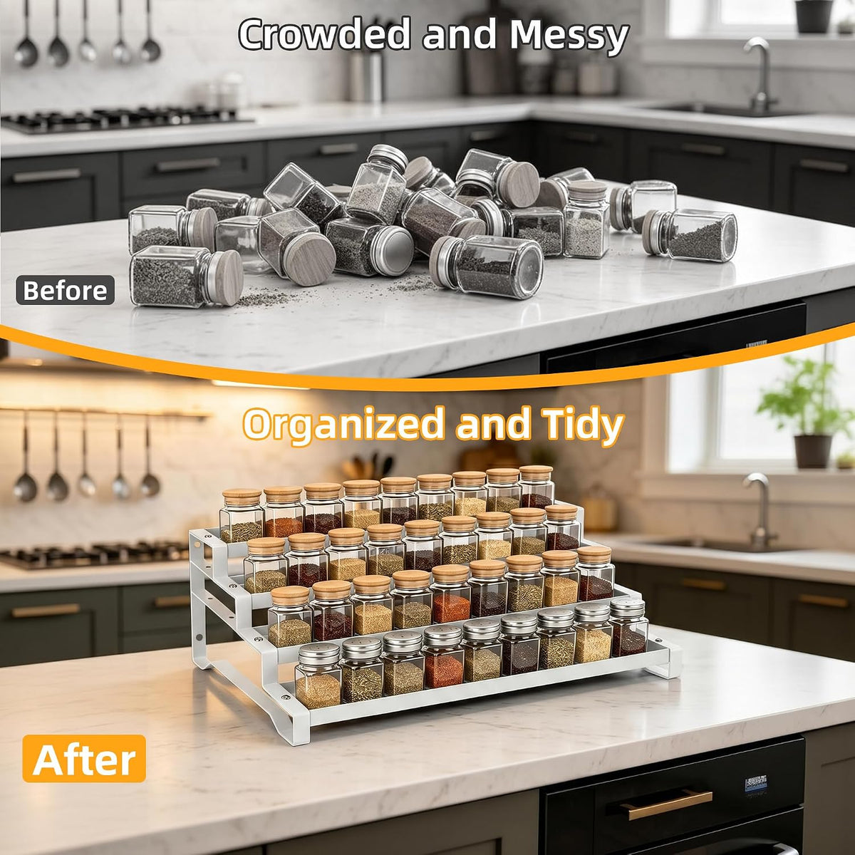 3-Tier Spice Rack Organizer, 13"-21.5" Expandable Spice Organization Shelf, Metal Seasoning Organizer for Kitchen Countertop or Pantry, Slip-Resistant Design for Jars and Bottles, Black