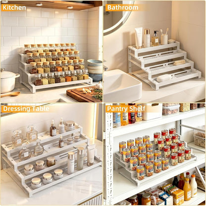 3-Tier Spice Rack Organizer, 13"-21.5" Expandable Spice Organization Shelf, Metal Seasoning Organizer for Kitchen Countertop or Pantry, Slip-Resistant Design for Jars and Bottles, Black