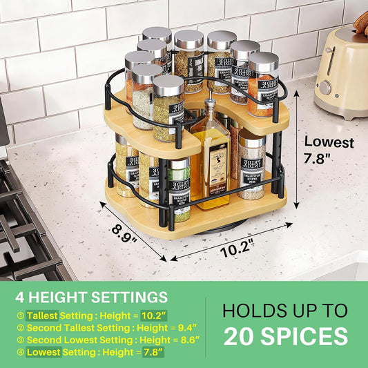 Lazy Susan Spice Rack Organizer for Cabinet, Wood, Vintage, 12 in | Rotating Turntable, Height Adjustable, Space-Saving D-Shape Design, Revolving Spice Storage for Kitchen Countertop Pantry