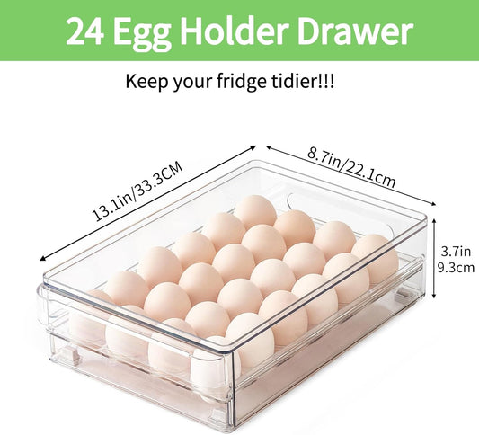 24 Capacity Egg Holder for Refrigerator Organizer Bins, BPA Free Egg Storage Container with Non-Slip Pads, Space-Saving Egg Tray for Fridge Drawer