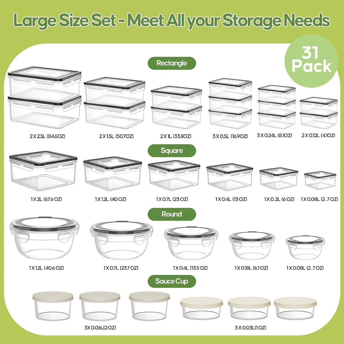 62 PCS Large Food Storage Containers with Lids (31 Lids & 31 Containers) | 85 OZ Airtight Reusable Plastic Leakproof Meal-Prep Container for Kitchen Storage Organization Microwave/Dishwasher Safe