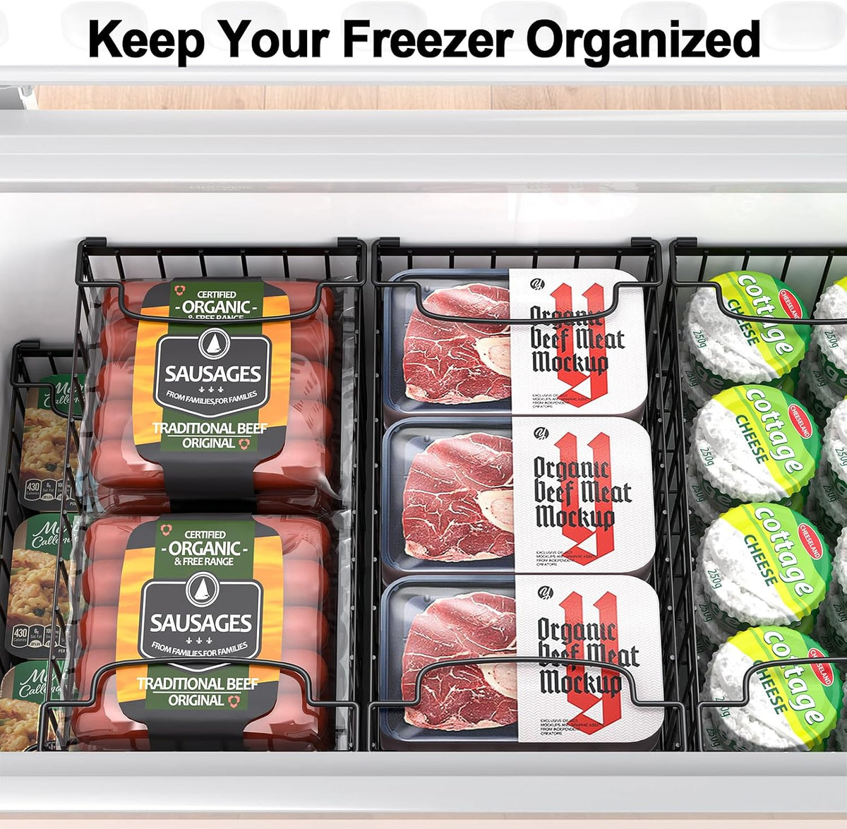 Freezer Organizer Bins, Big Baskets for 5/ 7 Cu.FT Deep Freezer | Stackable Chest Freezer Organizer Bins, Foldable Baskets with Handles, Black Storage Container Baskets for Sort Frozen Meats