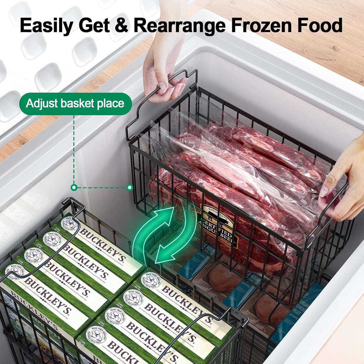 Freezer Organizer Bins, Big Baskets for 5/ 7 Cu.FT Deep Freezer | Stackable Chest Freezer Organizer Bins, Foldable Baskets with Handles, Black Storage Container Baskets for Sort Frozen Meats