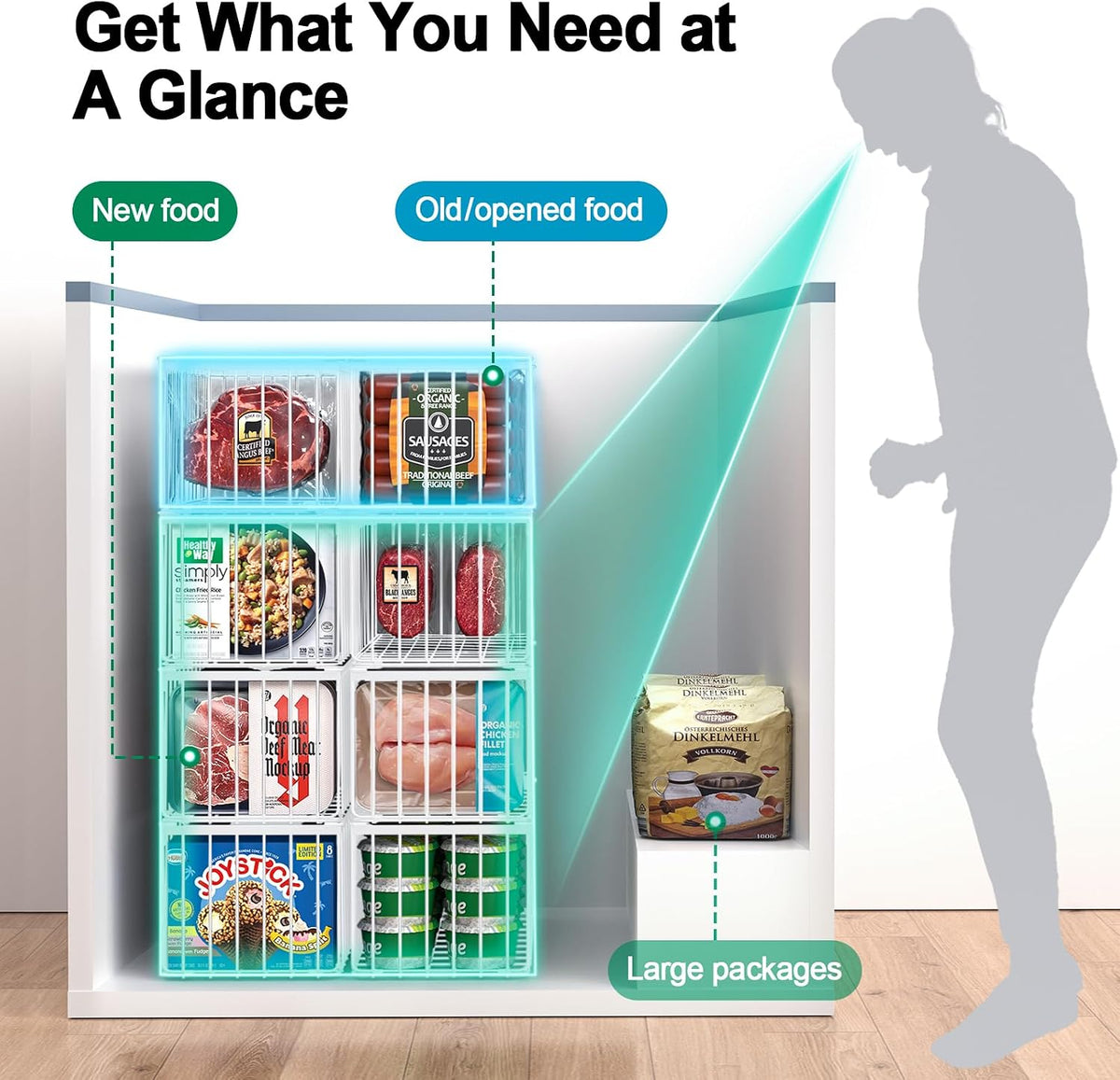 Freezer Organizer Bins, Big Baskets for 5/ 7 Cu.FT Deep Freezer | Stackable Chest Freezer Organizer Bins, Foldable Baskets with Handles, Black Storage Container Baskets for Sort Frozen Meats