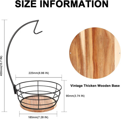 Countertop Fruit Basket Bowl with Banana Hanger, Modern Standing Fruit Vegetable Bowl Storage, with Banana Tree Holder for Kitchen Dinning Table (Round Wood, Black)