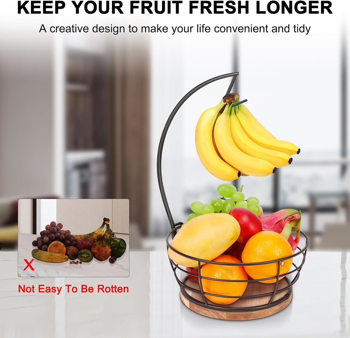 Countertop Fruit Basket Bowl with Banana Hanger, Modern Standing Fruit Vegetable Bowl Storage, with Banana Tree Holder for Kitchen Dinning Table (Round Wood, Black)