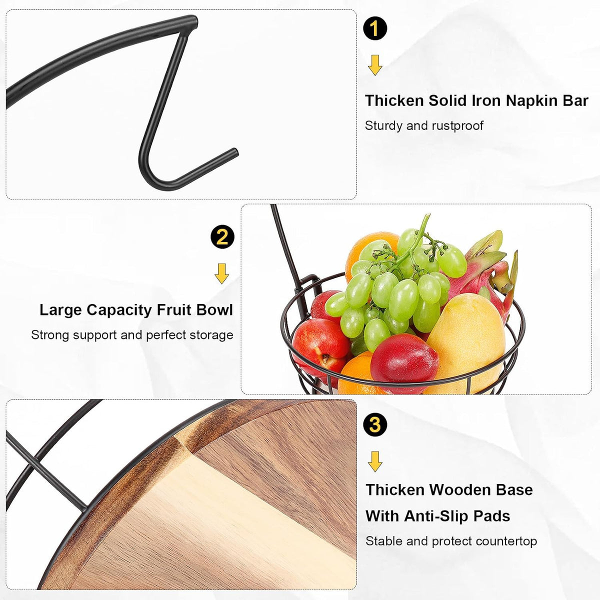 Countertop Fruit Basket Bowl with Banana Hanger, Modern Standing Fruit Vegetable Bowl Storage, with Banana Tree Holder for Kitchen Dinning Table (Round Wood, Black)