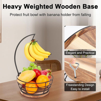 Countertop Fruit Basket Bowl with Banana Hanger, Modern Standing Fruit Vegetable Bowl Storage, with Banana Tree Holder for Kitchen Dinning Table (Round Wood, Black)