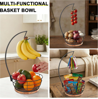Countertop Fruit Basket Bowl with Banana Hanger, Modern Standing Fruit Vegetable Bowl Storage, with Banana Tree Holder for Kitchen Dinning Table (Round Wood, Black)