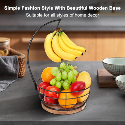 Countertop Fruit Basket Bowl with Banana Hanger, Modern Standing Fruit Vegetable Bowl Storage, with Banana Tree Holder for Kitchen Dinning Table (Round Wood, Black)