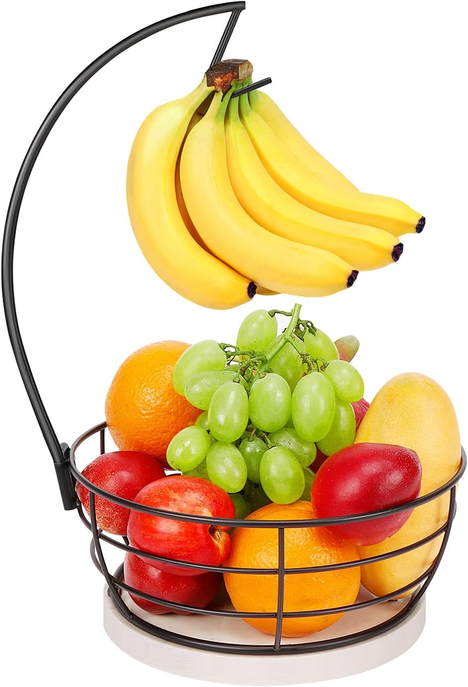 Countertop Fruit Basket Bowl with Banana Hanger, Modern Standing Fruit Vegetable Bowl Storage, with Banana Tree Holder for Kitchen Dinning Table (Round Wood, Black)