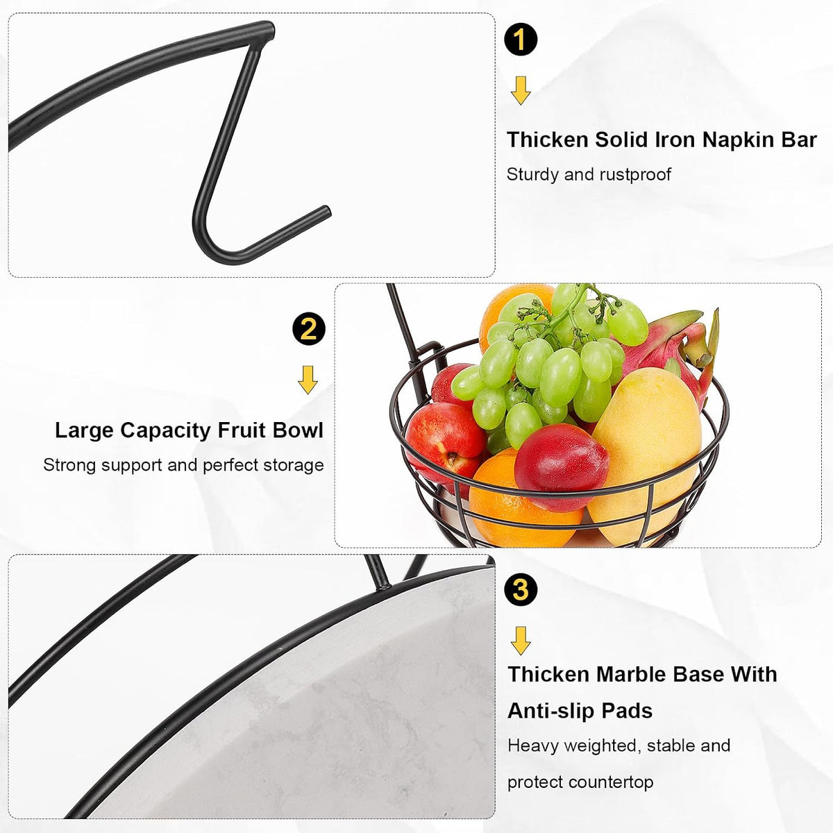 Countertop Fruit Basket Bowl with Banana Hanger, Modern Standing Fruit Vegetable Bowl Storage, with Banana Tree Holder for Kitchen Dinning Table (Round Wood, Black)