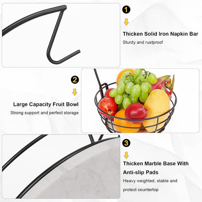 Countertop Fruit Basket Bowl with Banana Hanger, Modern Standing Fruit Vegetable Bowl Storage, with Banana Tree Holder for Kitchen Dinning Table (Round Wood, Black)
