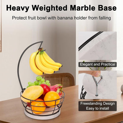 Countertop Fruit Basket Bowl with Banana Hanger, Modern Standing Fruit Vegetable Bowl Storage, with Banana Tree Holder for Kitchen Dinning Table (Round Wood, Black)