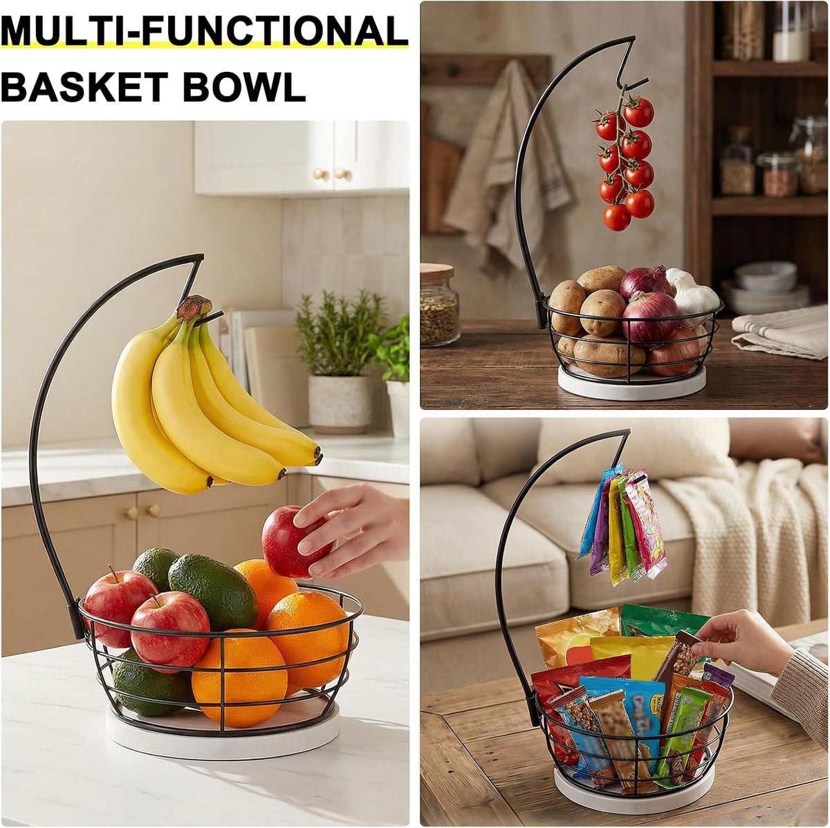 Countertop Fruit Basket Bowl with Banana Hanger, Modern Standing Fruit Vegetable Bowl Storage, with Banana Tree Holder for Kitchen Dinning Table (Round Wood, Black)