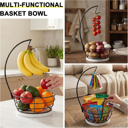 Countertop Fruit Basket Bowl with Banana Hanger, Modern Standing Fruit Vegetable Bowl Storage, with Banana Tree Holder for Kitchen Dinning Table (Round Wood, Black)