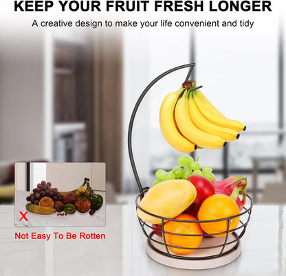 Countertop Fruit Basket Bowl with Banana Hanger, Modern Standing Fruit Vegetable Bowl Storage, with Banana Tree Holder for Kitchen Dinning Table (Round Wood, Black)
