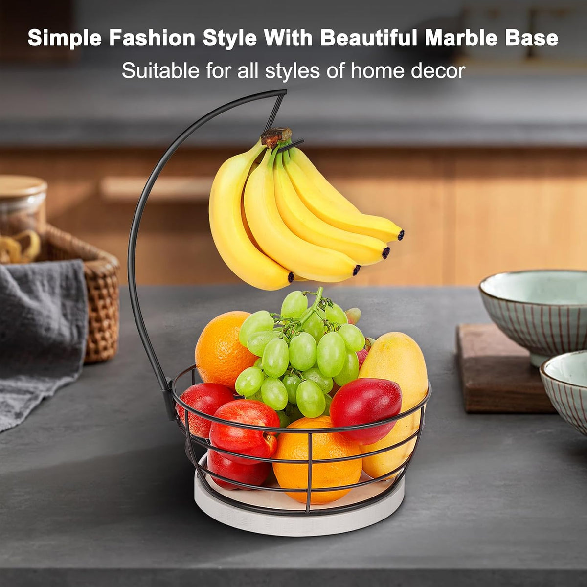 Countertop Fruit Basket Bowl with Banana Hanger, Modern Standing Fruit Vegetable Bowl Storage, with Banana Tree Holder for Kitchen Dinning Table (Round Wood, Black)