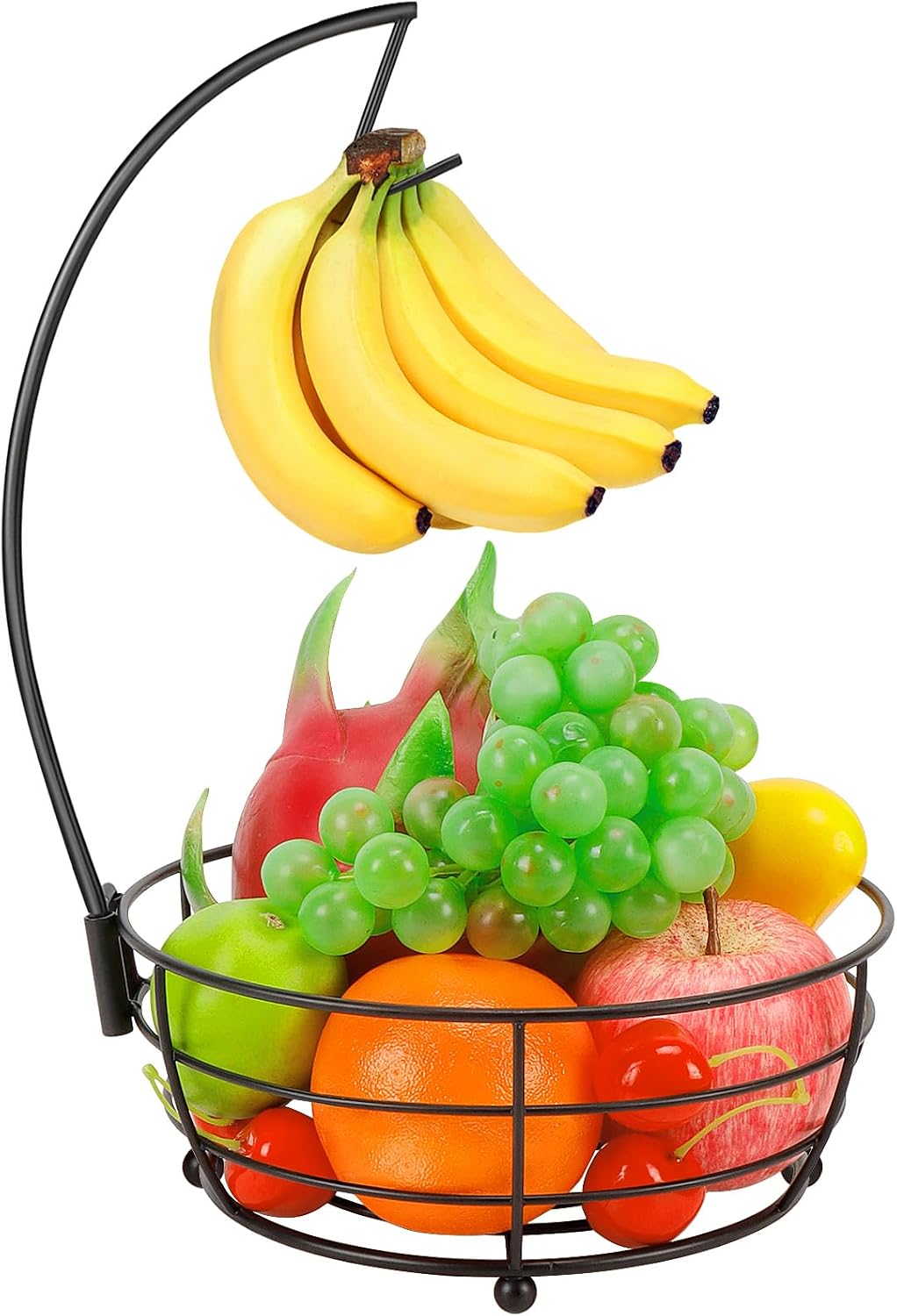 Countertop Fruit Basket Bowl with Banana Hanger, Modern Standing Fruit Vegetable Bowl Storage, with Banana Tree Holder for Kitchen Dinning Table (Round Wood, Black)