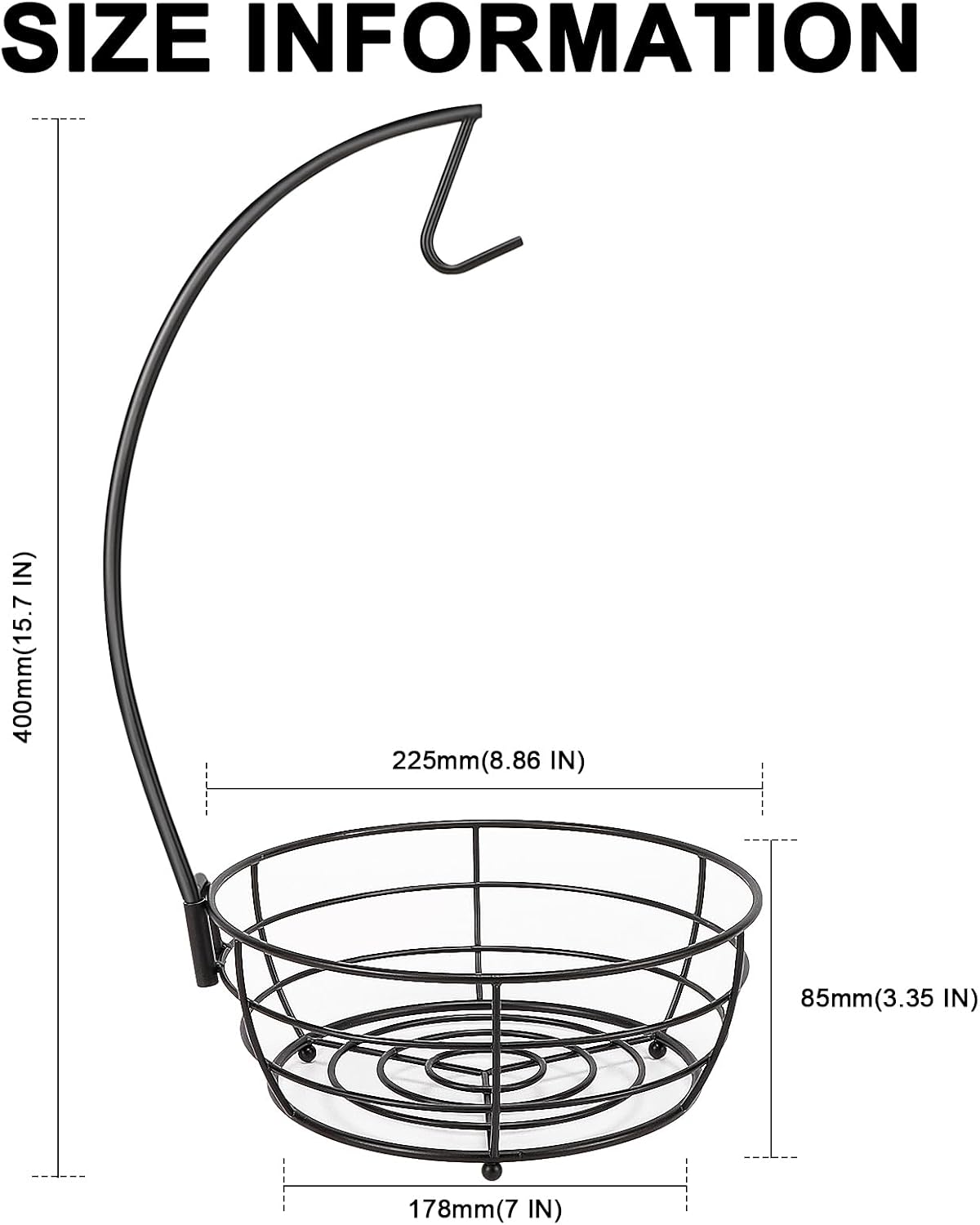 Countertop Fruit Basket Bowl with Banana Hanger, Modern Standing Fruit Vegetable Bowl Storage, with Banana Tree Holder for Kitchen Dinning Table (Round Wood, Black)