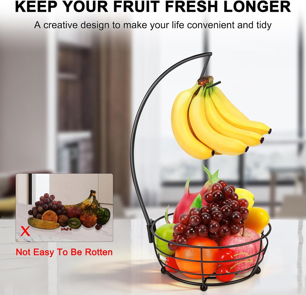 Countertop Fruit Basket Bowl with Banana Hanger, Modern Standing Fruit Vegetable Bowl Storage, with Banana Tree Holder for Kitchen Dinning Table (Round Wood, Black)