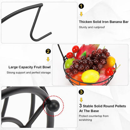 Countertop Fruit Basket Bowl with Banana Hanger, Modern Standing Fruit Vegetable Bowl Storage, with Banana Tree Holder for Kitchen Dinning Table (Round Wood, Black)
