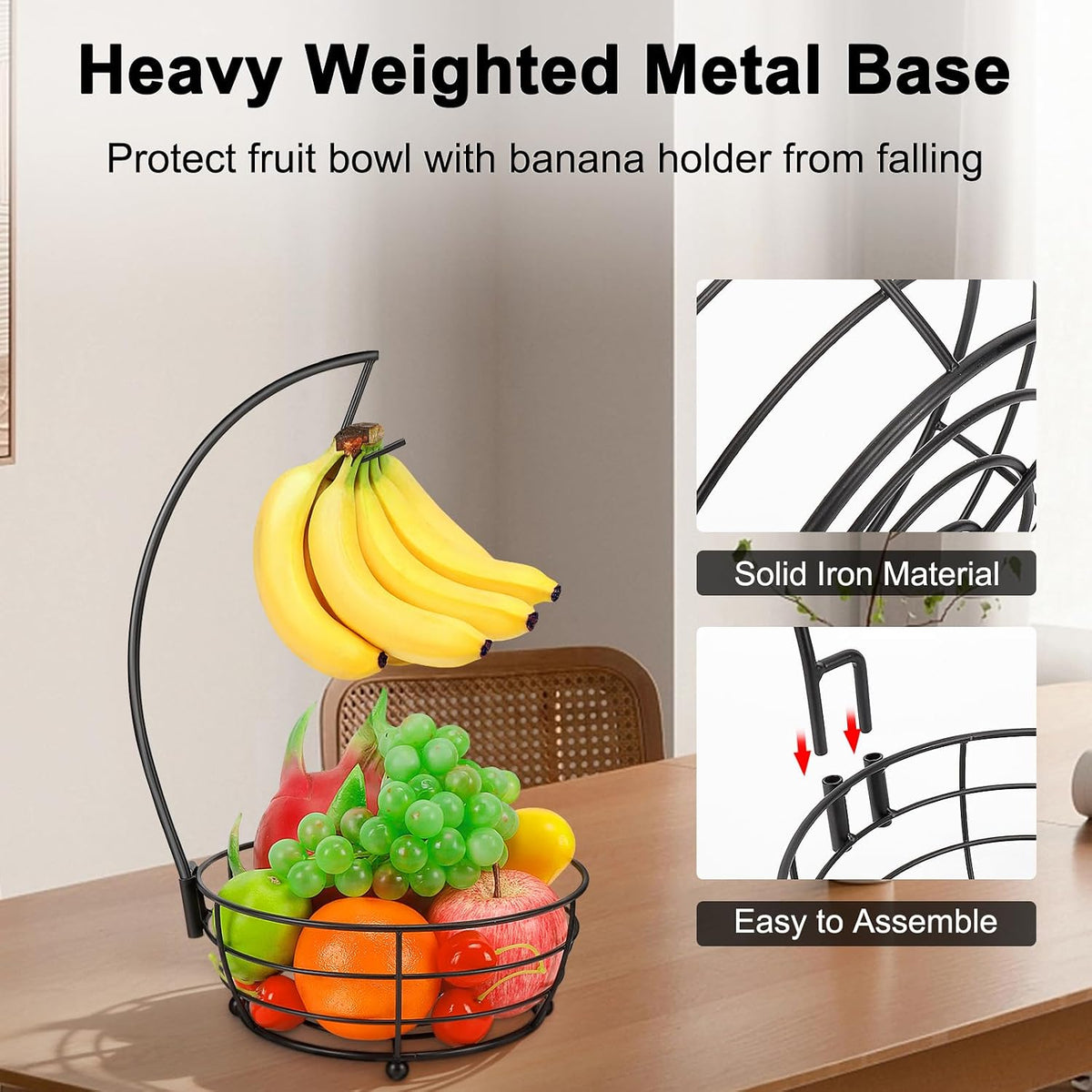 Countertop Fruit Basket Bowl with Banana Hanger, Modern Standing Fruit Vegetable Bowl Storage, with Banana Tree Holder for Kitchen Dinning Table (Round Wood, Black)