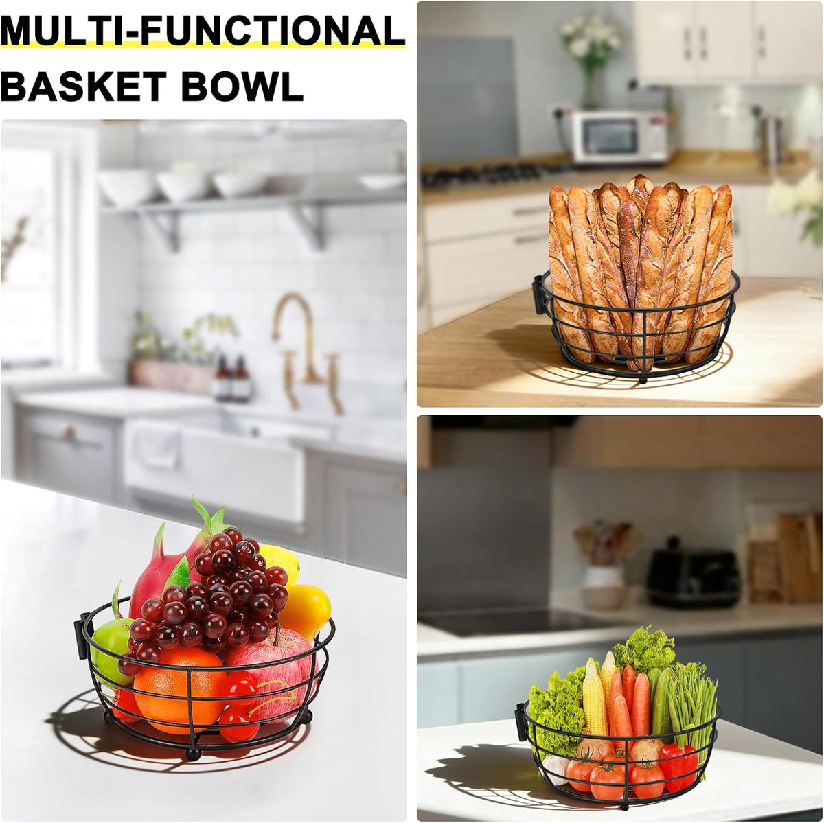 Countertop Fruit Basket Bowl with Banana Hanger, Modern Standing Fruit Vegetable Bowl Storage, with Banana Tree Holder for Kitchen Dinning Table (Round Wood, Black)