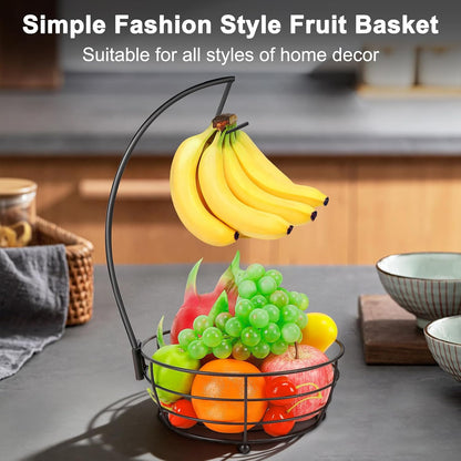 Countertop Fruit Basket Bowl with Banana Hanger, Modern Standing Fruit Vegetable Bowl Storage, with Banana Tree Holder for Kitchen Dinning Table (Round Wood, Black)