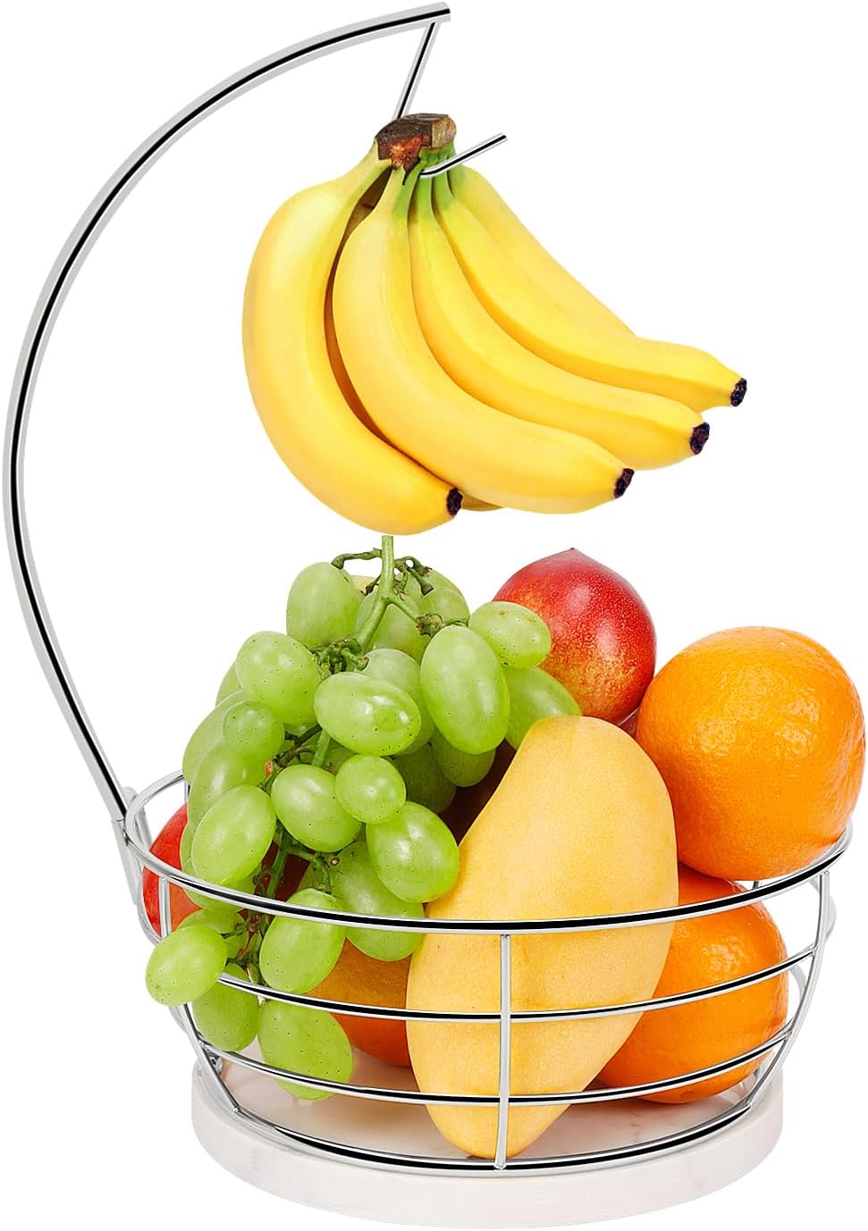 Countertop Fruit Basket Bowl with Banana Hanger, Modern Standing Fruit Vegetable Bowl Storage, with Banana Tree Holder for Kitchen Dinning Table (Round Wood, Black)