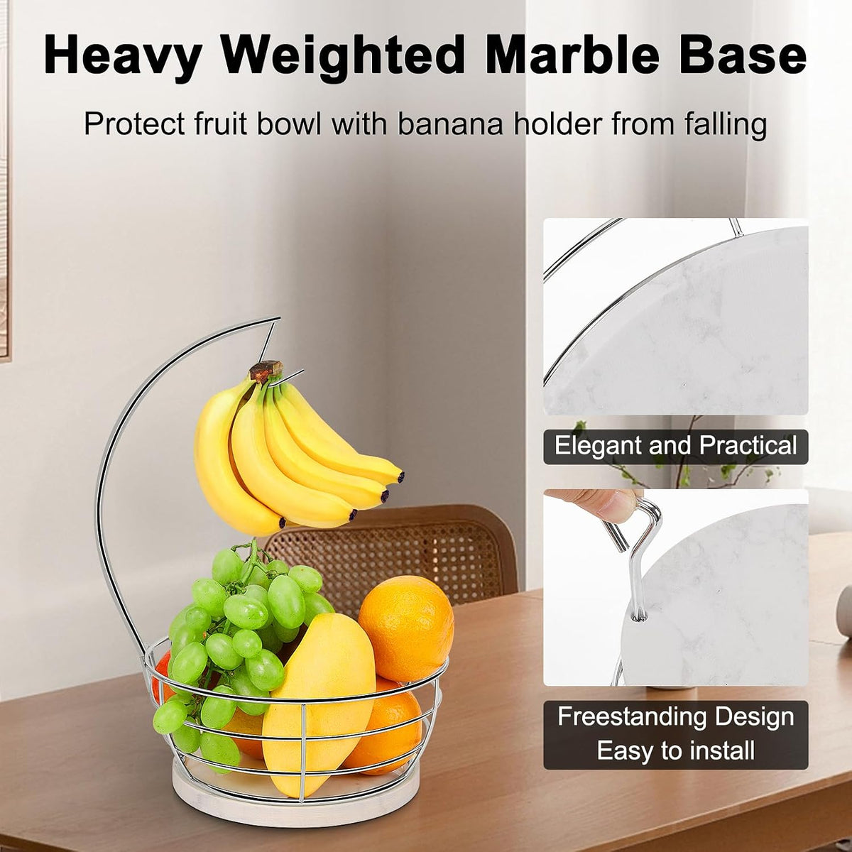 Countertop Fruit Basket Bowl with Banana Hanger, Modern Standing Fruit Vegetable Bowl Storage, with Banana Tree Holder for Kitchen Dinning Table (Round Wood, Black)