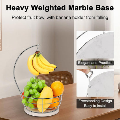 Countertop Fruit Basket Bowl with Banana Hanger, Modern Standing Fruit Vegetable Bowl Storage, with Banana Tree Holder for Kitchen Dinning Table (Round Wood, Black)