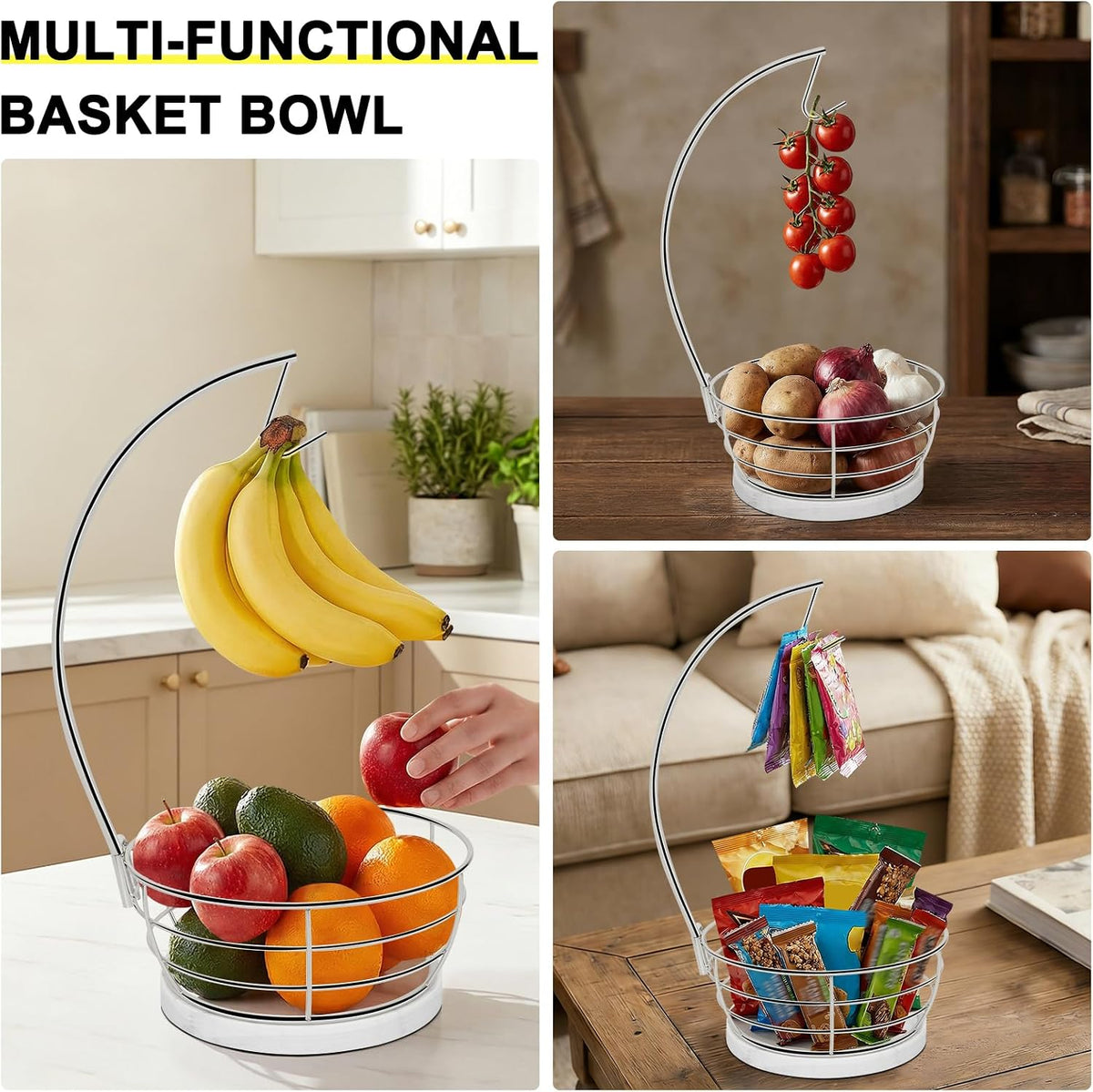 Countertop Fruit Basket Bowl with Banana Hanger, Modern Standing Fruit Vegetable Bowl Storage, with Banana Tree Holder for Kitchen Dinning Table (Round Wood, Black)