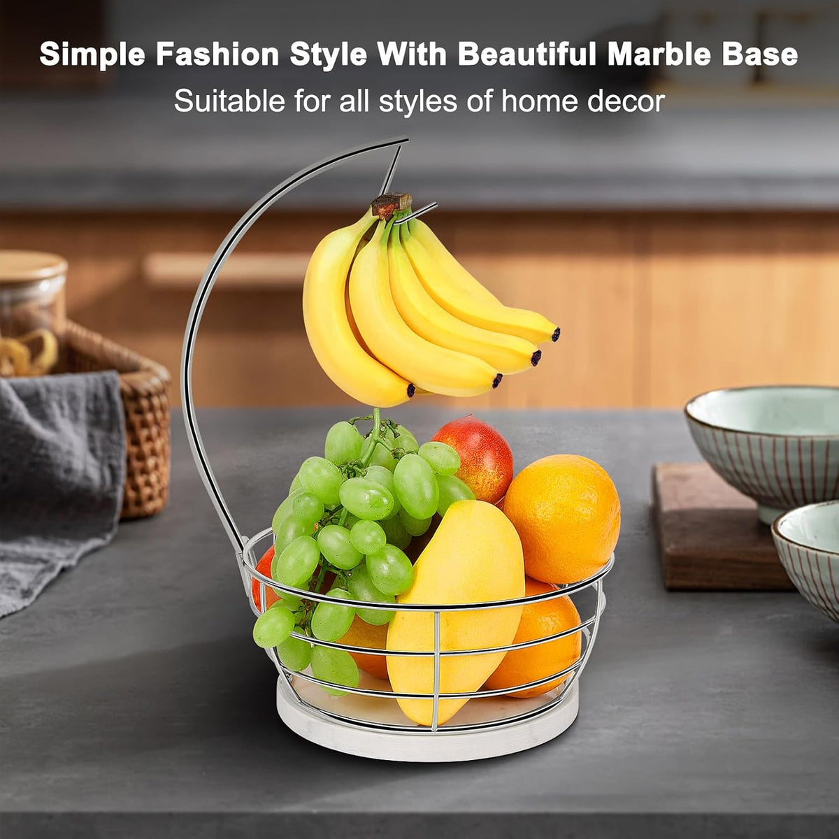 Countertop Fruit Basket Bowl with Banana Hanger, Modern Standing Fruit Vegetable Bowl Storage, with Banana Tree Holder for Kitchen Dinning Table (Round Wood, Black)
